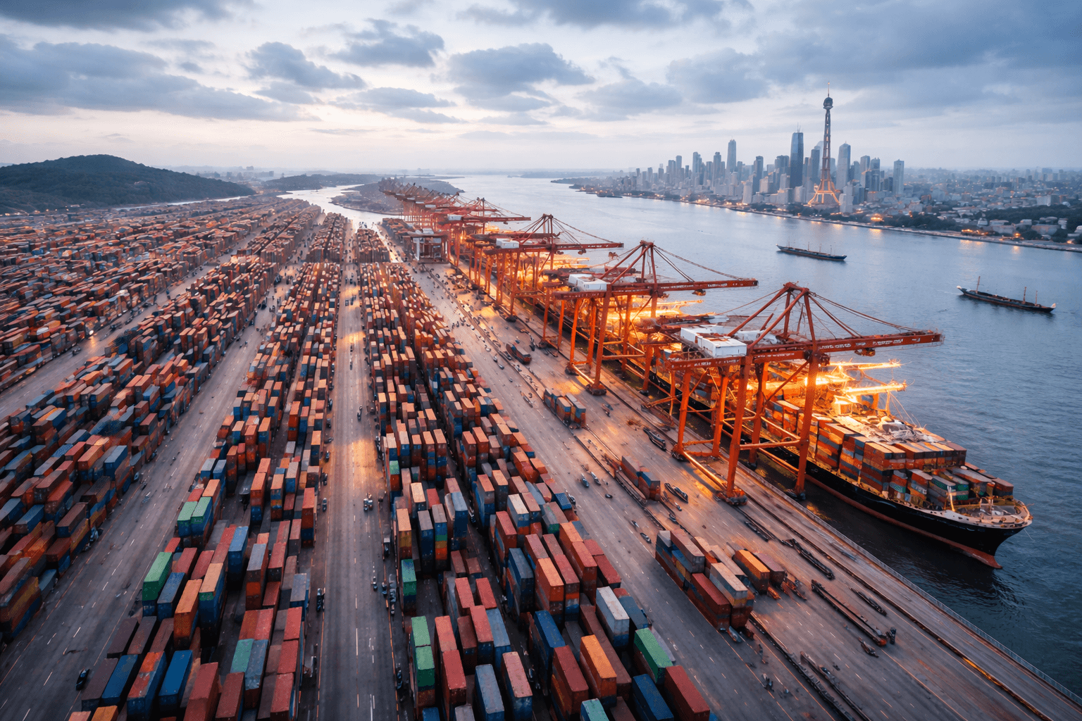 Seefracht Übersicht – Containerschiff im Hafen, internationale Verschiffung und Seefrachtlogistik